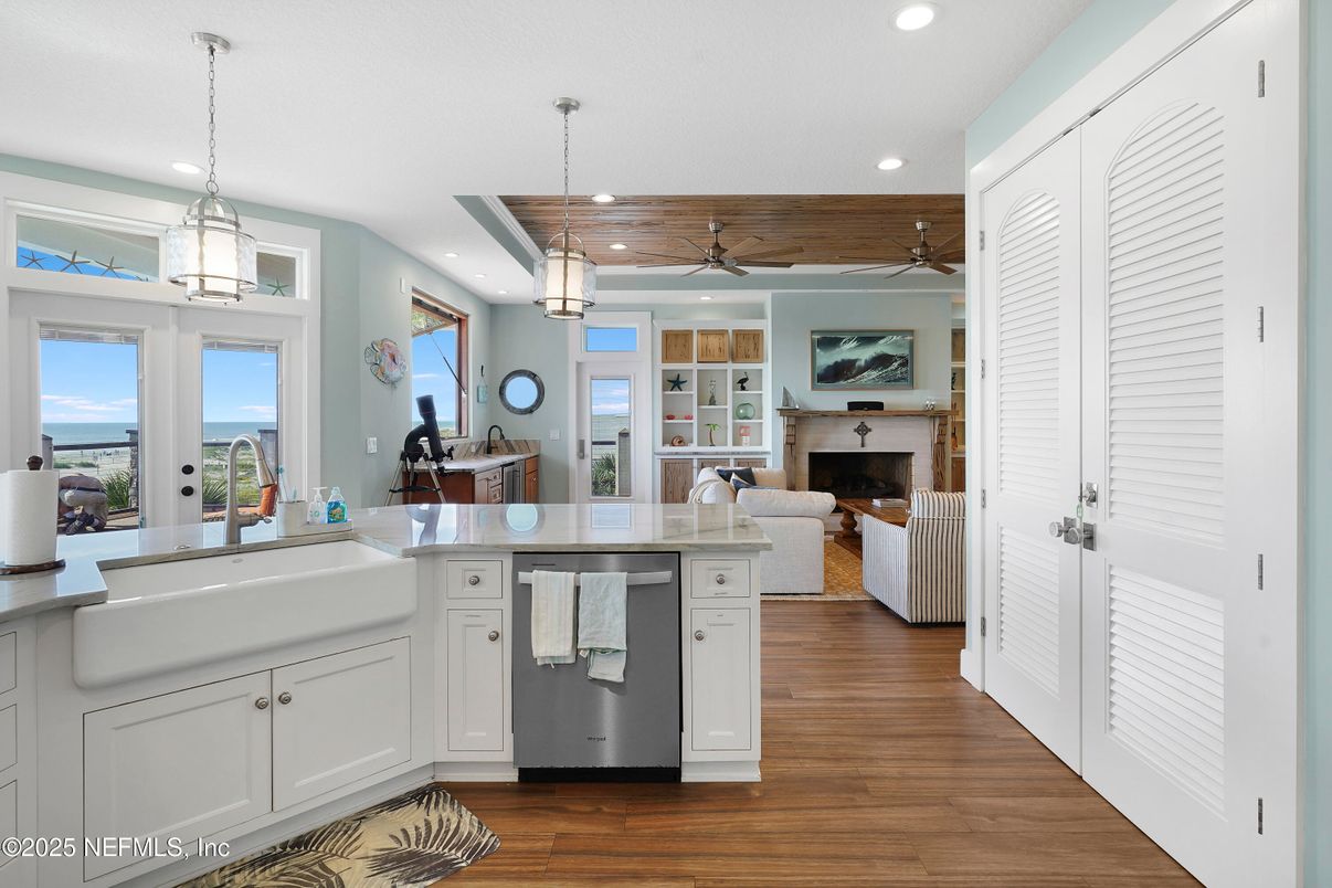 Fireplace, Interior, Kitchen, Living room, Pendant Lights, Recessed Lighting, Wooden Ceilings, Wood Texture Flooring
