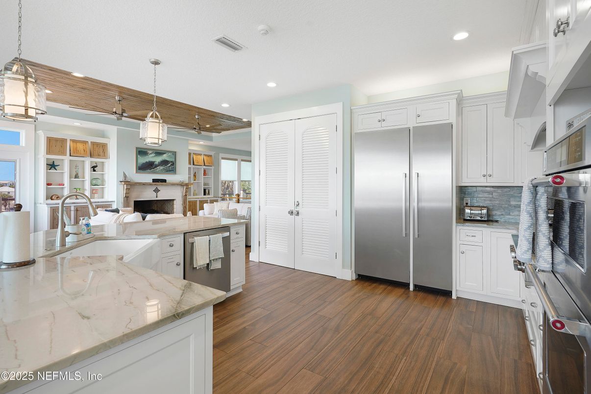 Interior, Kitchen, Pendant Lights, Recessed Lighting, Stainless Steel Appliances, Wood Texture Flooring