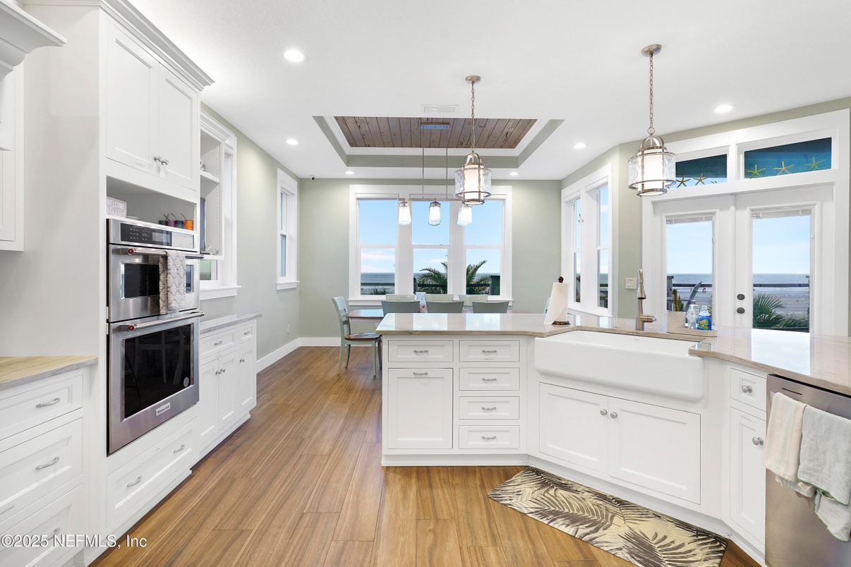 Dining room, Interior, Kitchen, Pendant Lights, Recessed Lighting, Water, Wooden Ceilings, Wood Texture Flooring