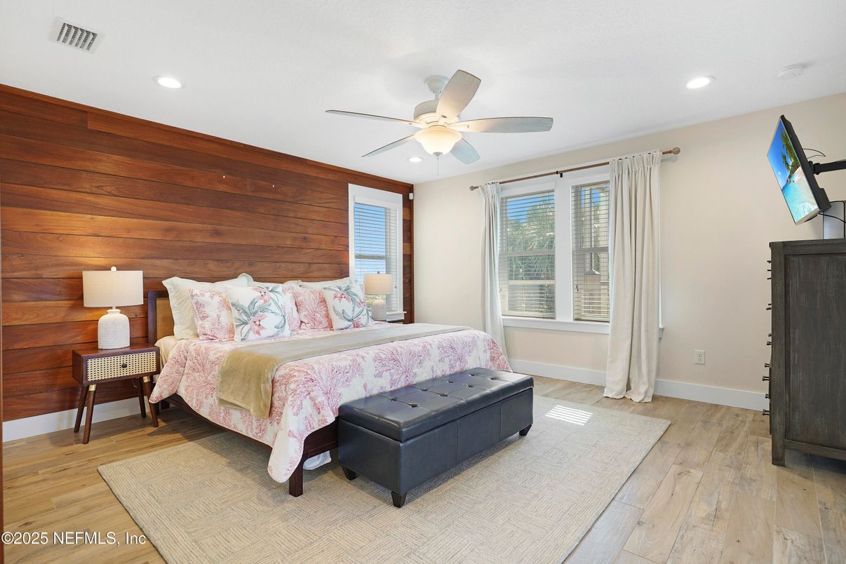 Bedroom, Interior, Recessed Lighting, Wood Texture Flooring, Wooden Walls