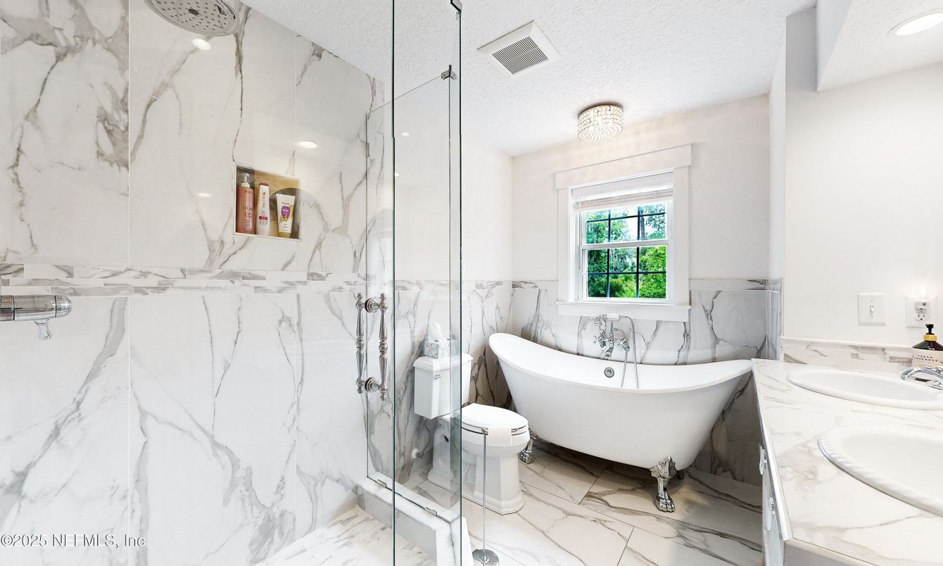 Bathroom, Free Standing Baths, Glass Shower, Interior, Marble, Marble Walls, Recessed Lighting