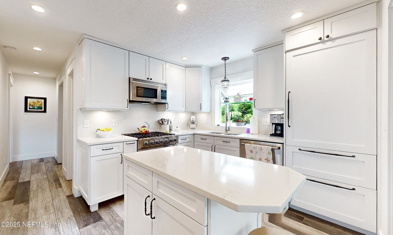 Interior, Kitchen, Pendant Lights, Recessed Lighting, Stainless Steel Appliances, Wood Texture Flooring