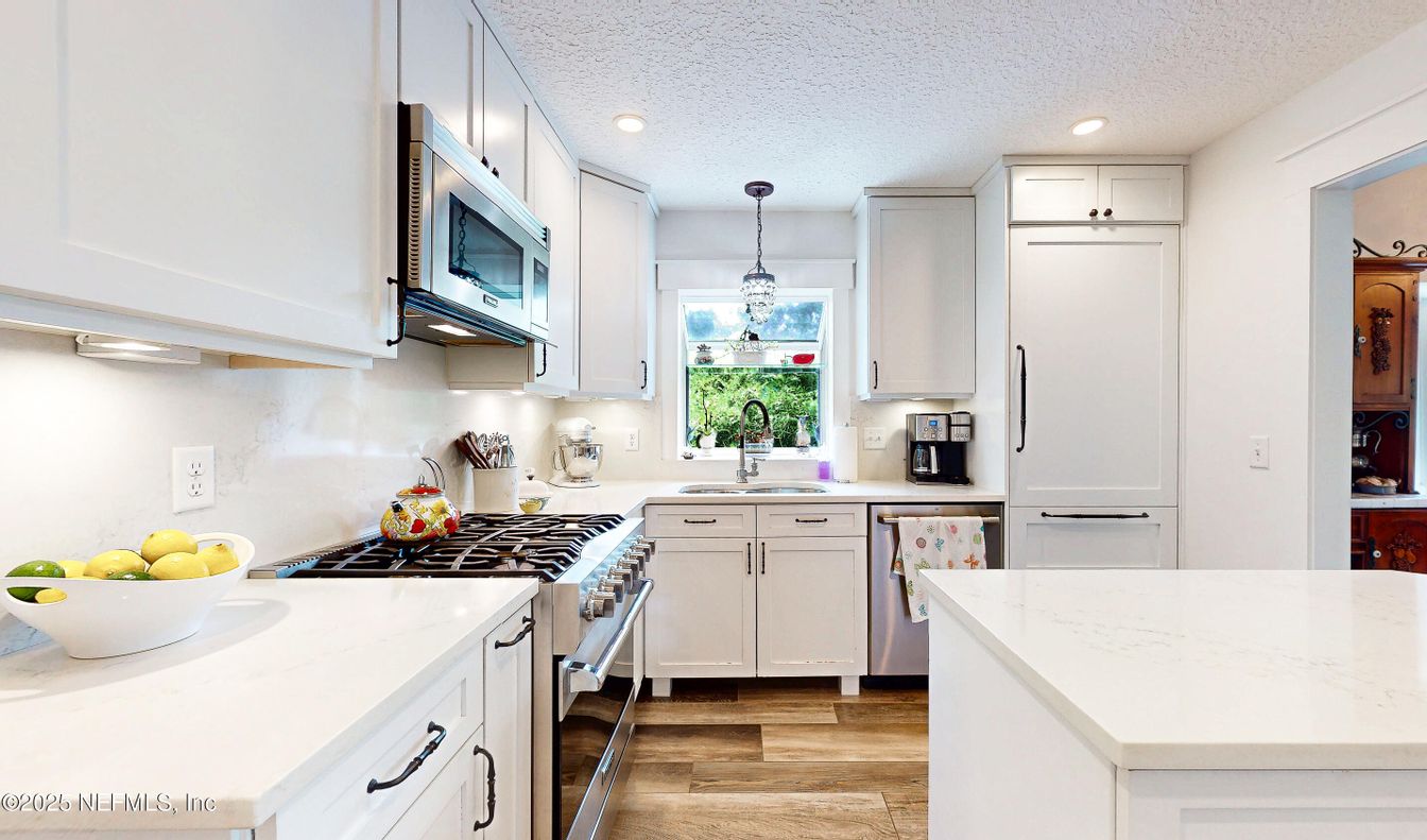 Interior, Kitchen, Pendant Lights, Recessed Lighting, Stainless Steel Appliances, Wood Texture Flooring