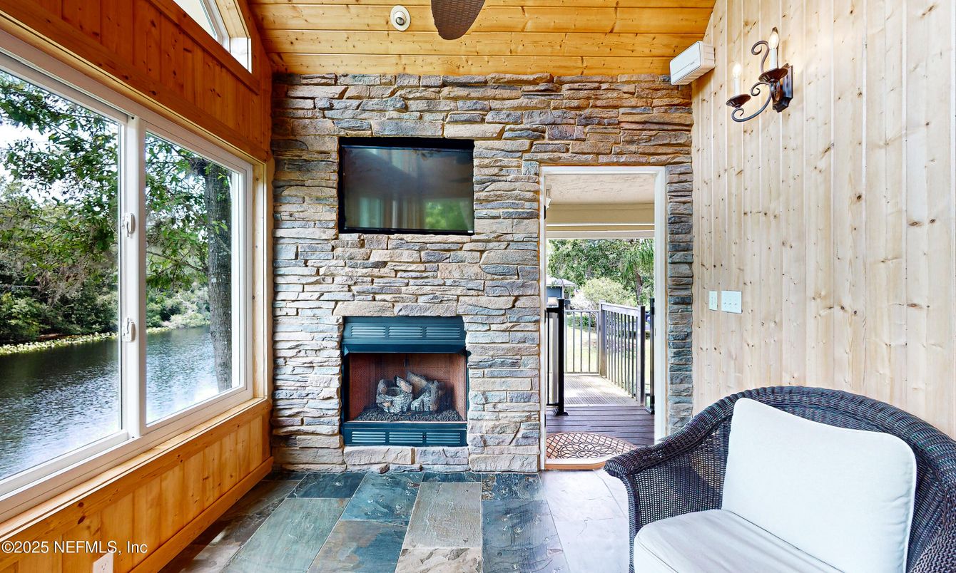 Fireplace, Interior, Stone Walls, Water, Wooden Ceilings, Wooden Walls