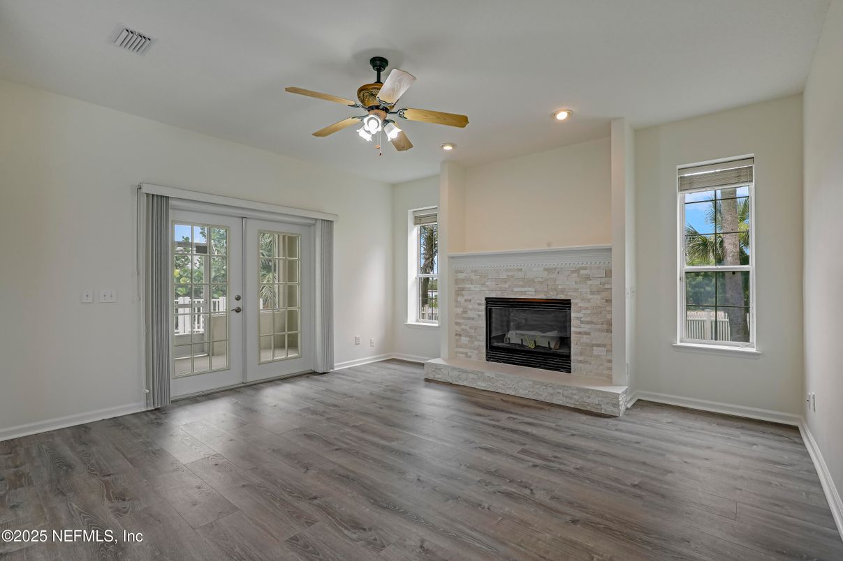 Empty room, Fireplace, Interior, Recessed Lighting, Wood Texture Flooring