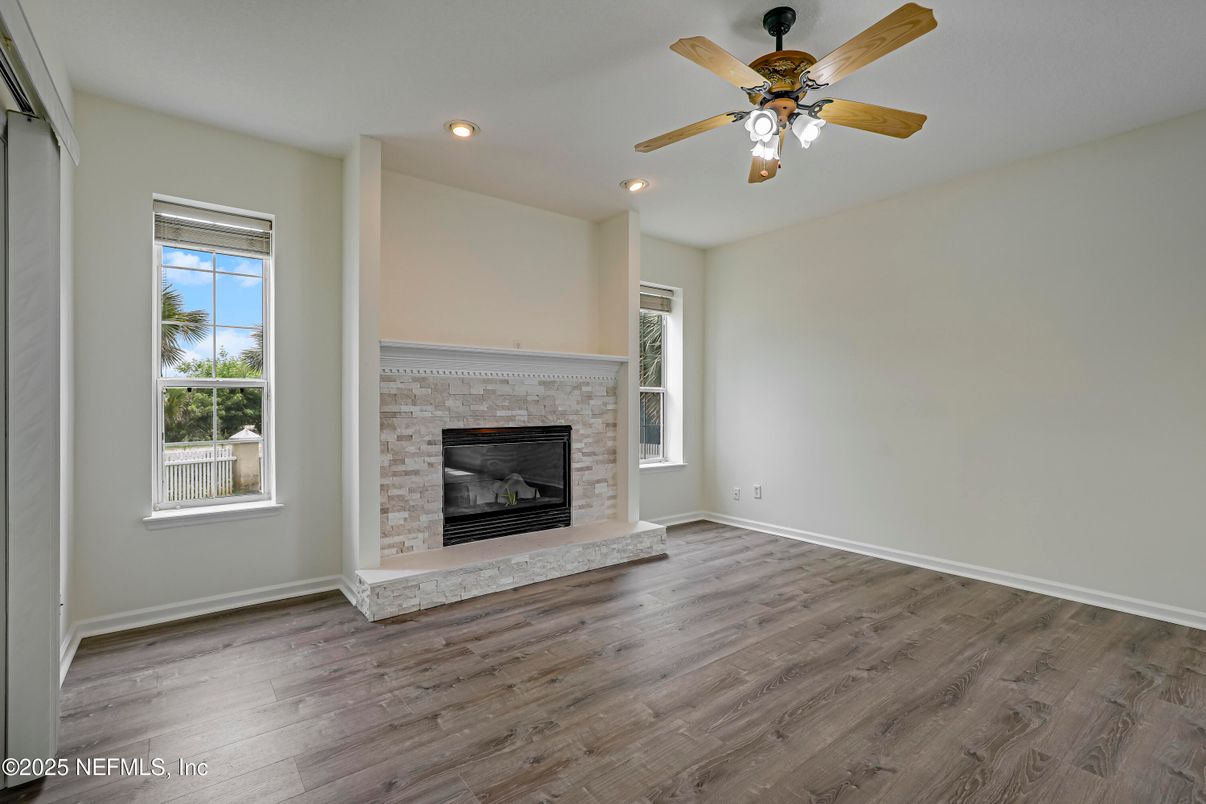 Empty room, Fireplace, Interior, Recessed Lighting, Wood Texture Flooring