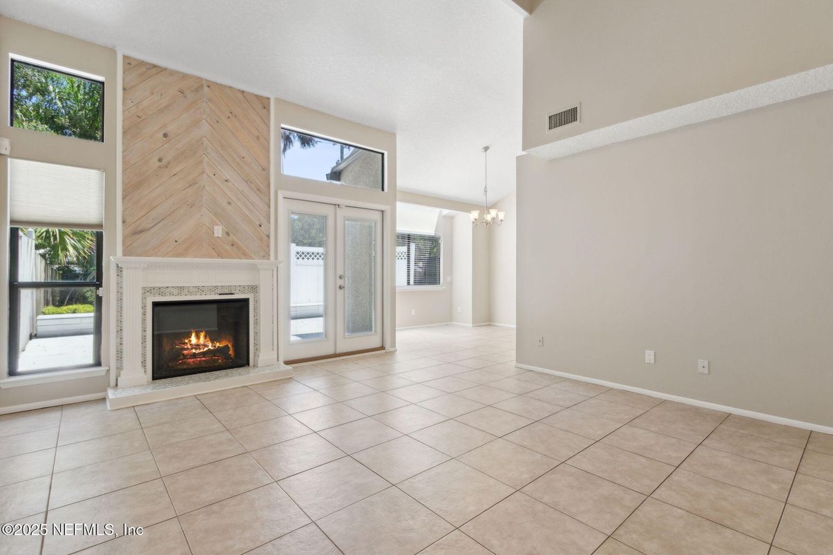 Chandelier, Empty room, Fireplace, Interior, Pendant Lights, Wooden Walls