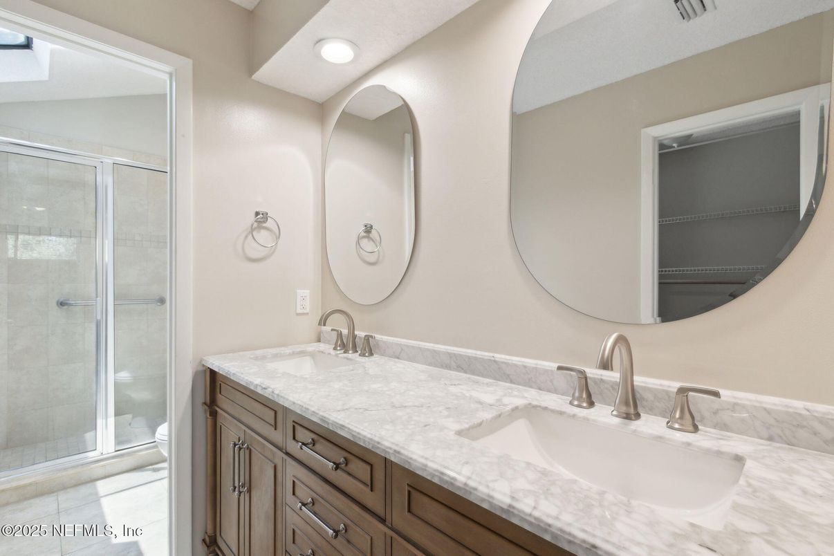 Bathroom, Dual Sink Vanities, Glass Shower, Interior, Recessed Lighting