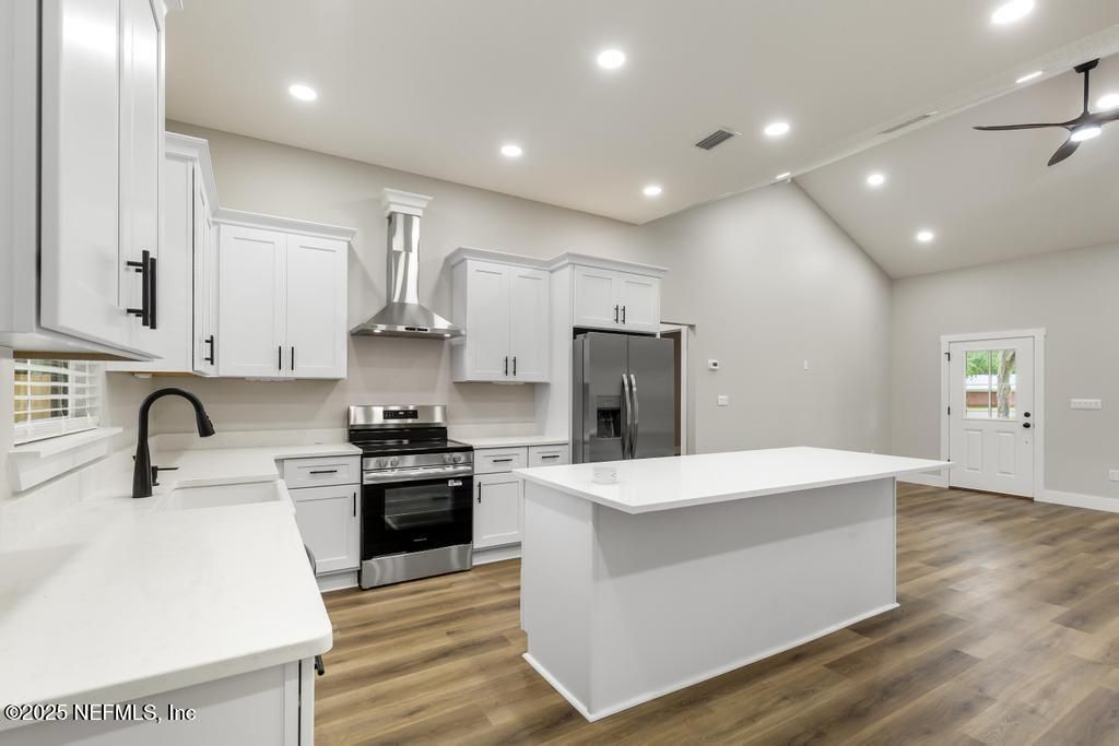 Interior, Kitchen, Recessed Lighting, Stainless Steel Appliances, Wood Texture Flooring