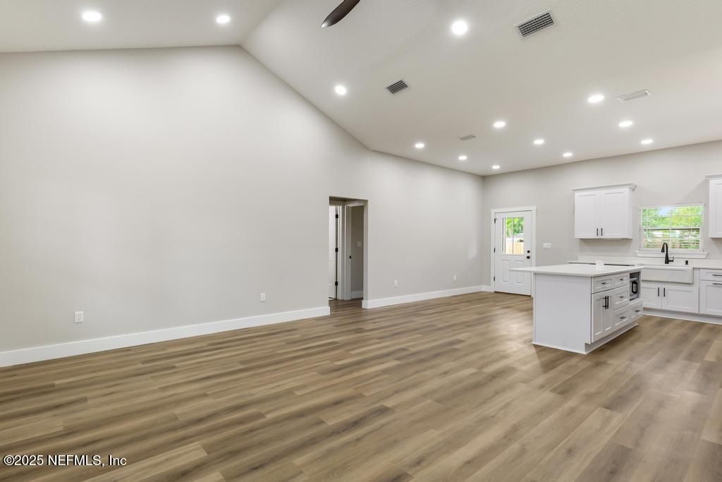 Empty room, Interior, Kitchen, Recessed Lighting, Wood Texture Flooring