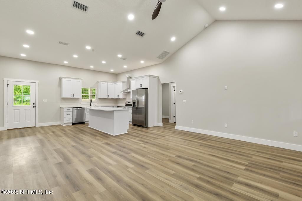 Empty room, Interior, Kitchen, Recessed Lighting, Wood Texture Flooring
