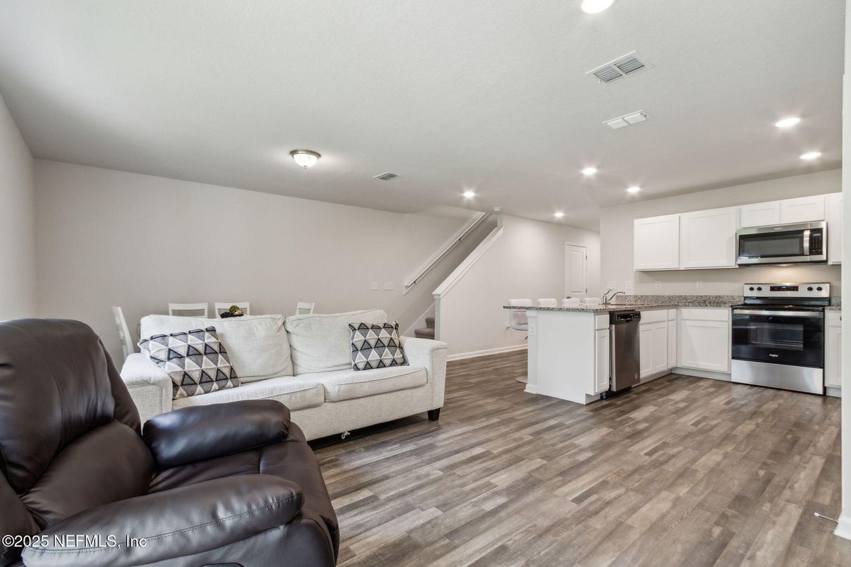 Interior, Kitchen, Living room, Recessed Lighting, Stainless Steel Appliances, Wood Texture Flooring