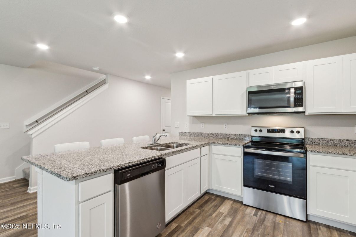 Interior, Kitchen, Recessed Lighting, Stainless Steel Appliances, Wood Texture Flooring