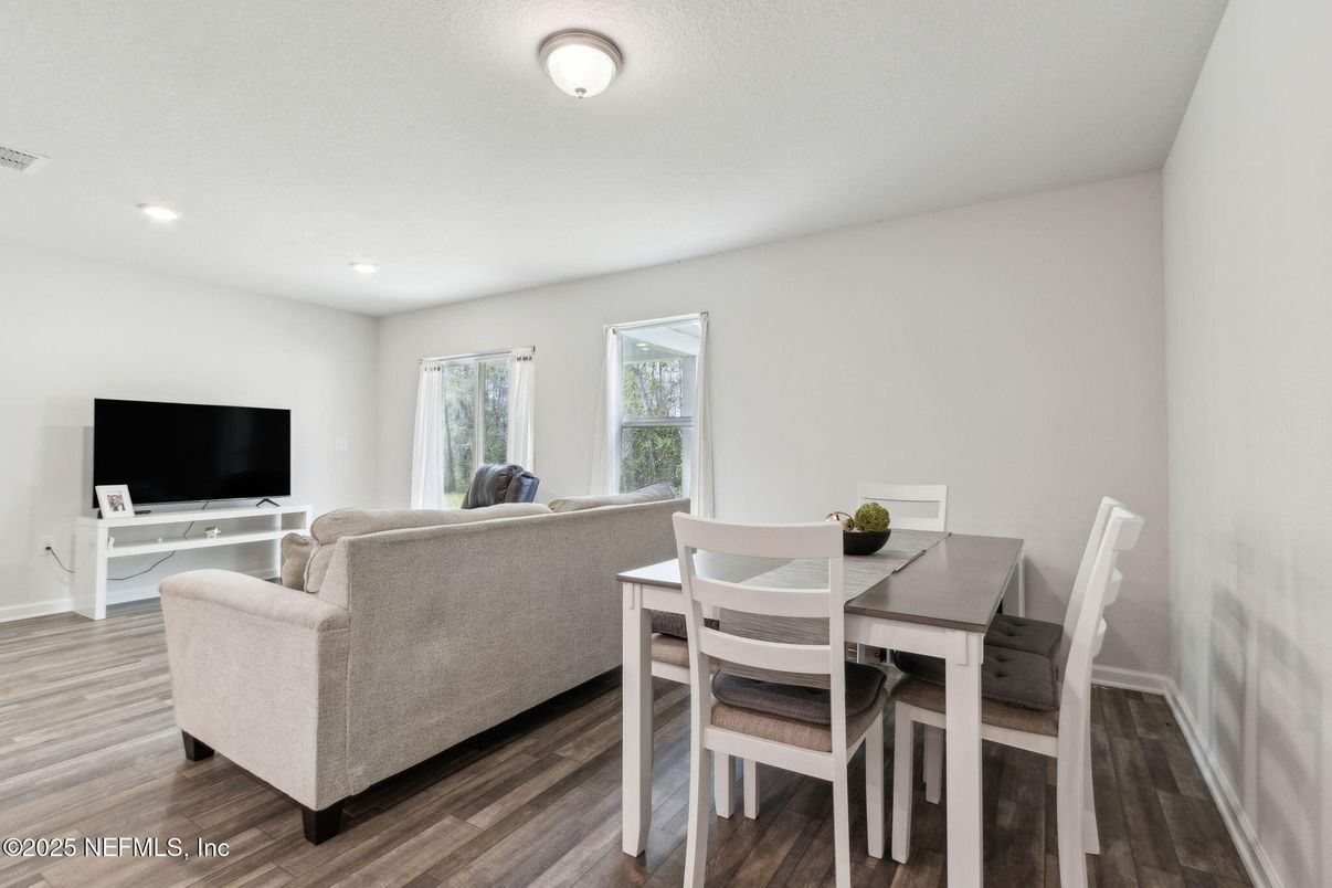 Dining room, Interior, Living room, Recessed Lighting, Wood Texture Flooring