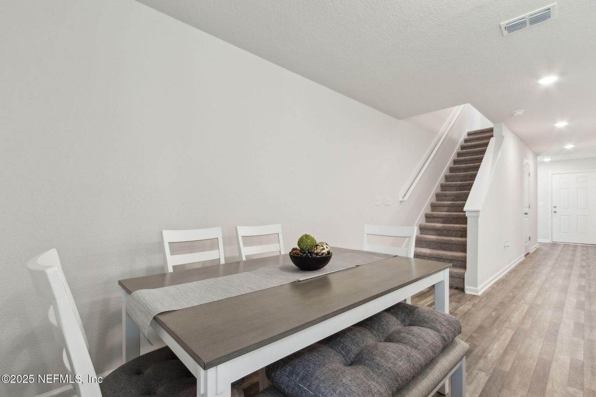 Dining room, Interior, Recessed Lighting, Wood Texture Flooring