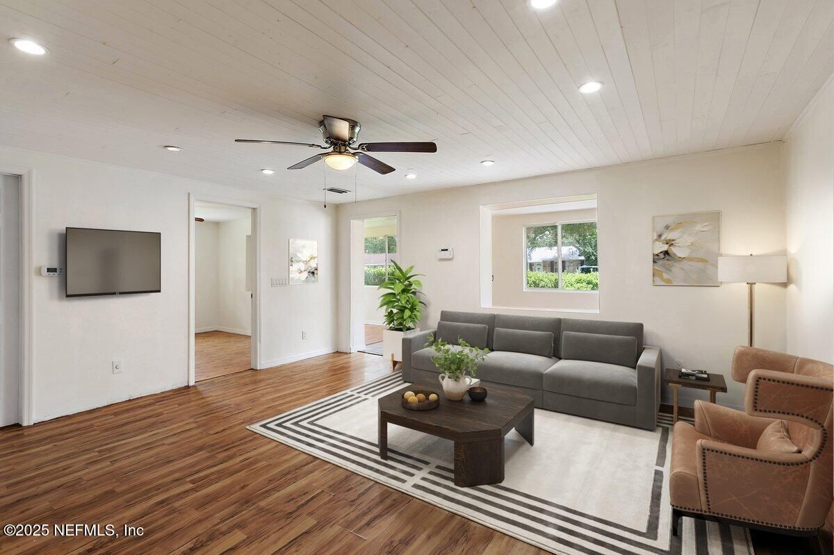 Interior, Living room, Recessed Lighting, Wood Texture Flooring