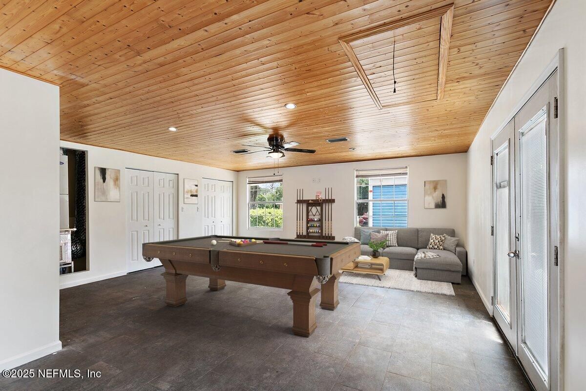 Billiard Table, Game Room, Interior, Recessed Lighting, Wooden Ceilings