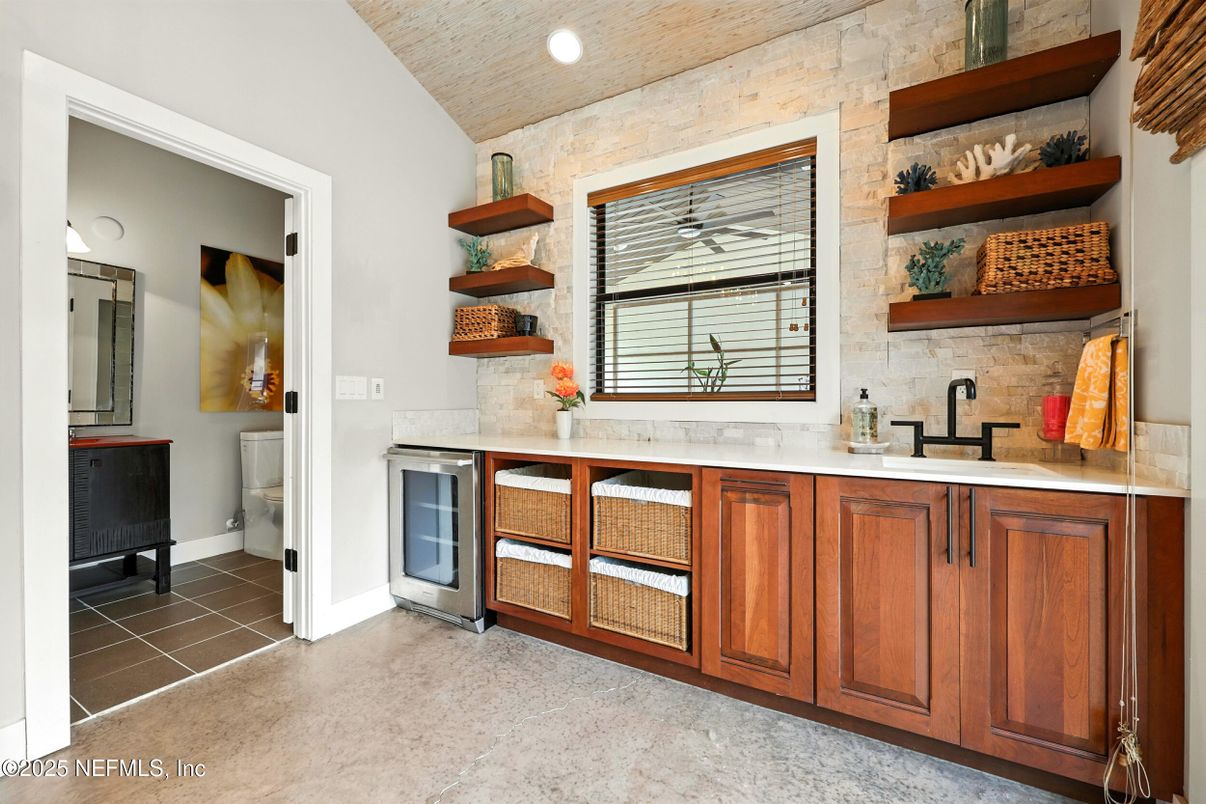 Bathroom, Dual Sink Vanities, Interior, Recessed Lighting, Stone Walls