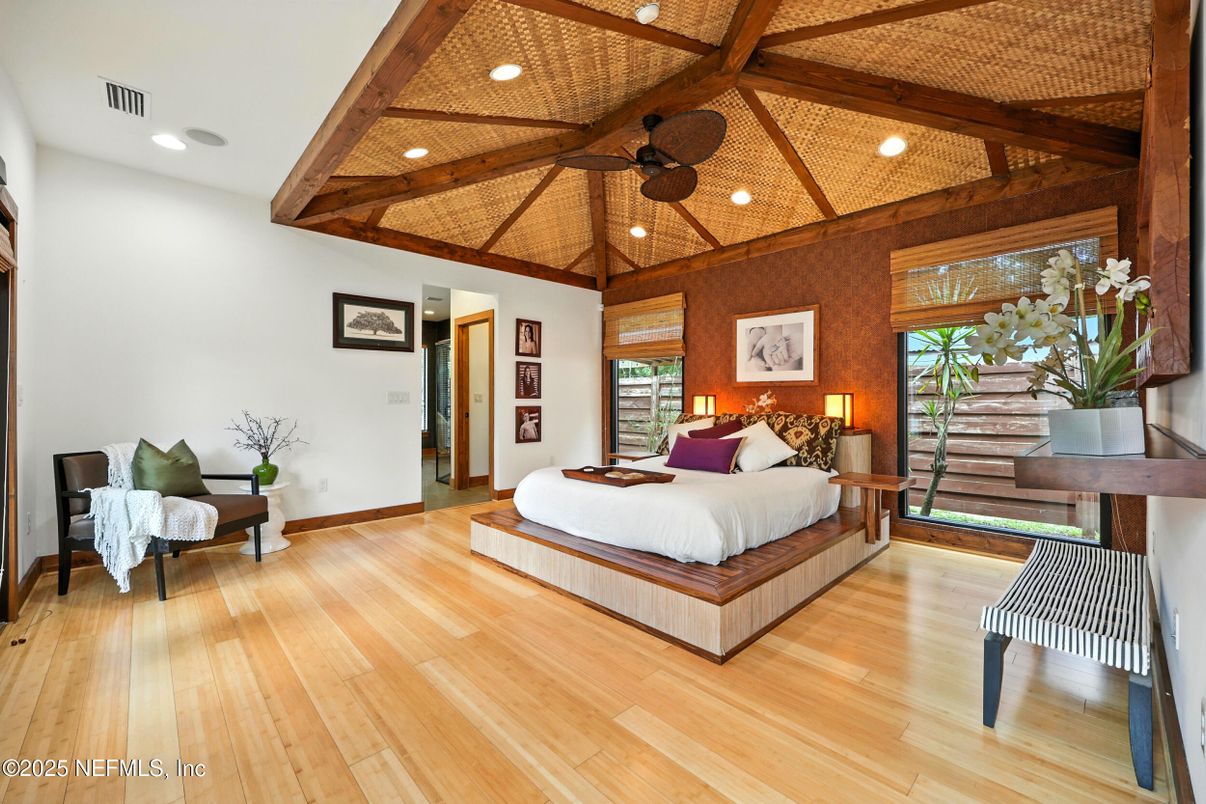 Bedroom, Interior, Recessed Lighting, Wooden Beams, Wooden Ceilings, Wood Texture Flooring