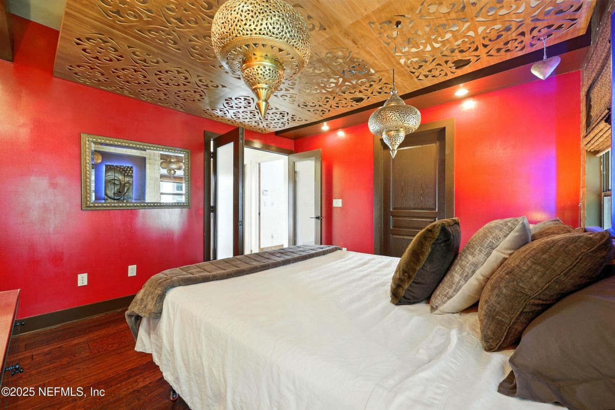 Bedroom, Chandelier, Interior, Recessed Lighting, Wood Texture Flooring