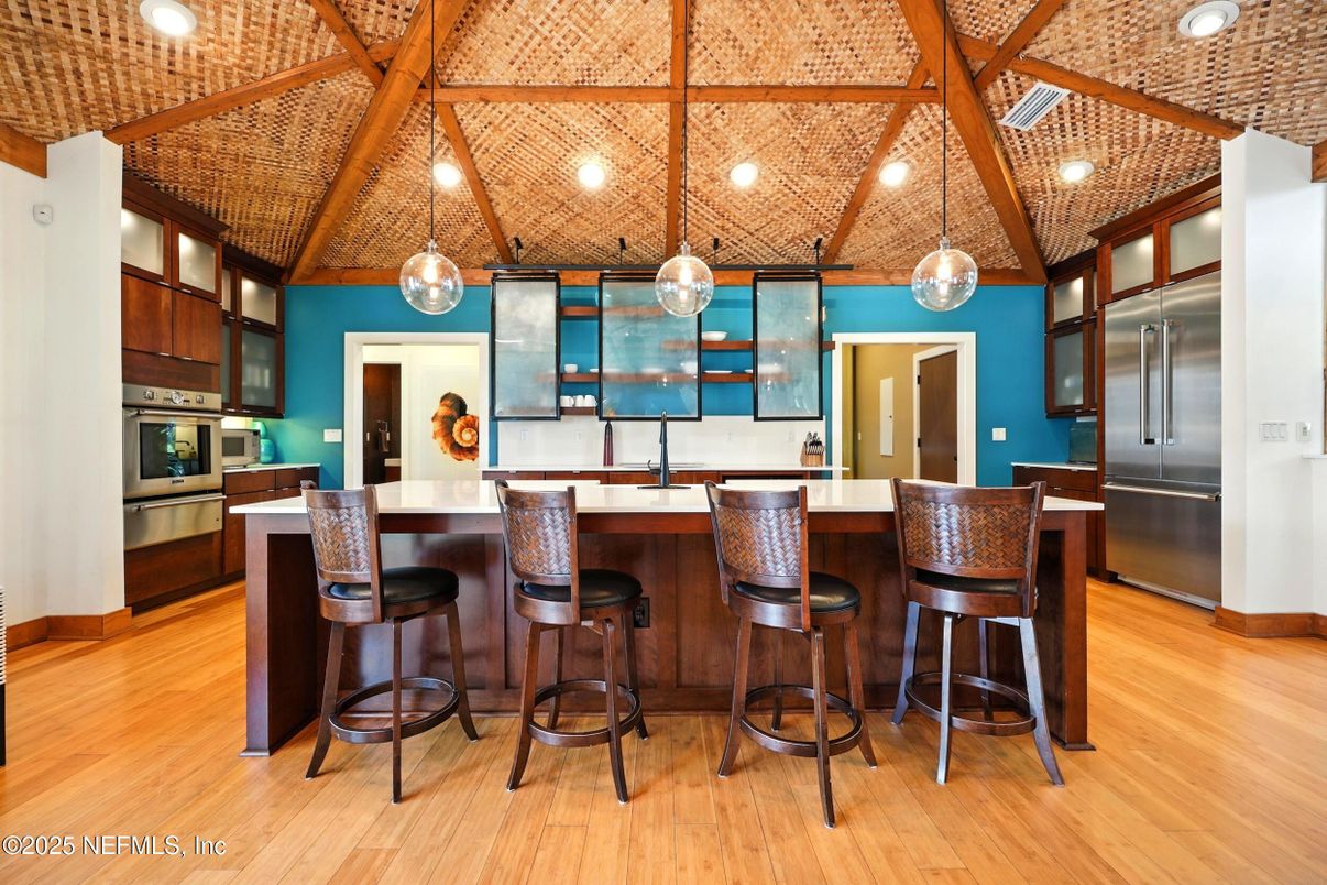 Interior, Kitchen, Pendant Lights, Recessed Lighting, Stainless Steel Appliances, Wooden Beams, Wooden Ceilings, Wood Texture Flooring