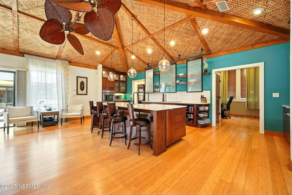 Interior, Kitchen, Pendant Lights, Recessed Lighting, Wooden Beams, Wooden Ceilings, Wood Texture Flooring