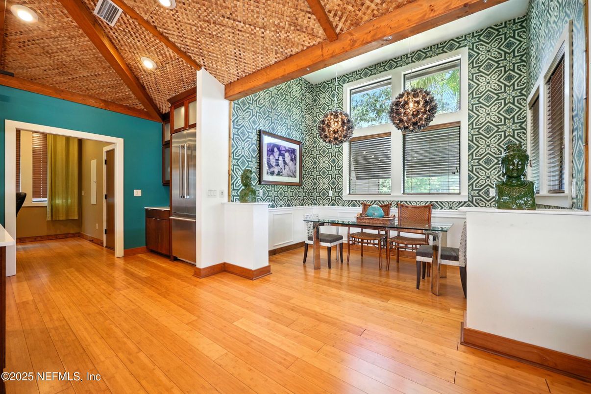 Dining room, Interior, Recessed Lighting, Wooden Beams, Wooden Ceilings, Wood Texture Flooring