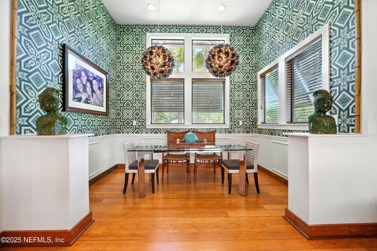 Dining room, Interior, Pendant Lights, Recessed Lighting, Wood Texture Flooring