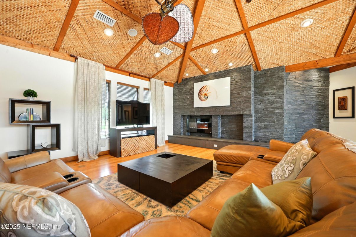 Fireplace, Interior, Living room, Recessed Lighting, Wooden Beams, Wooden Ceilings, Wood Texture Flooring