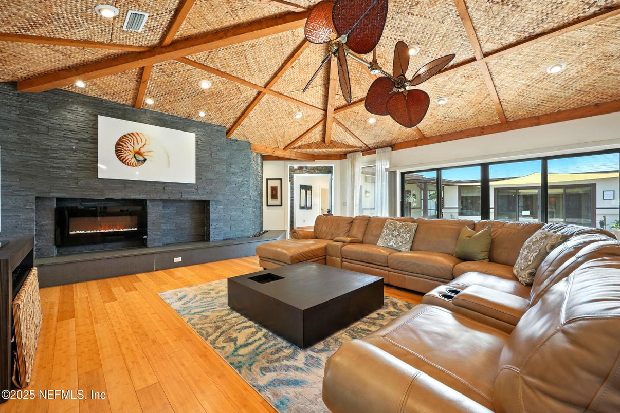 Fireplace, Interior, Living room, Recessed Lighting, Wooden Beams, Wooden Ceilings, Wood Texture Flooring