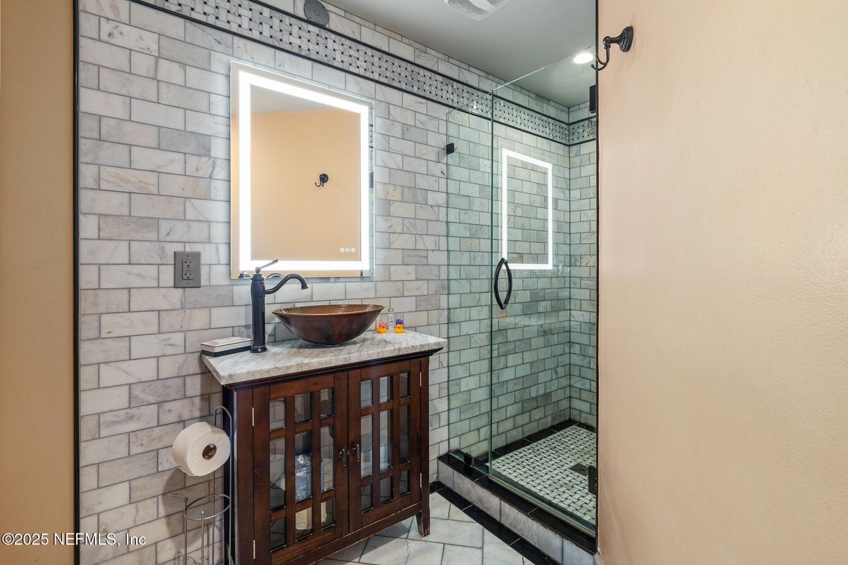 Bathroom, Glass Shower, Interior, Recessed Lighting, Stone Walls