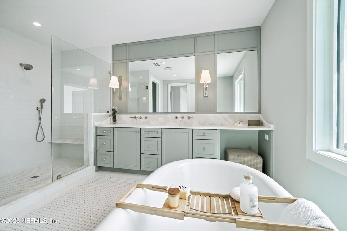 Bathroom, Dual Sink Vanities, Glass Shower, Interior, Recessed Lighting