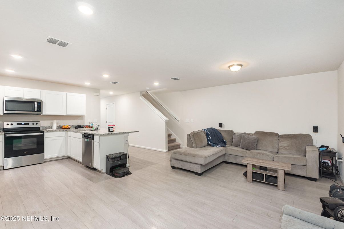 Interior, Kitchen, Living room, Recessed Lighting, Stainless Steel Appliances, Wood Texture Flooring
