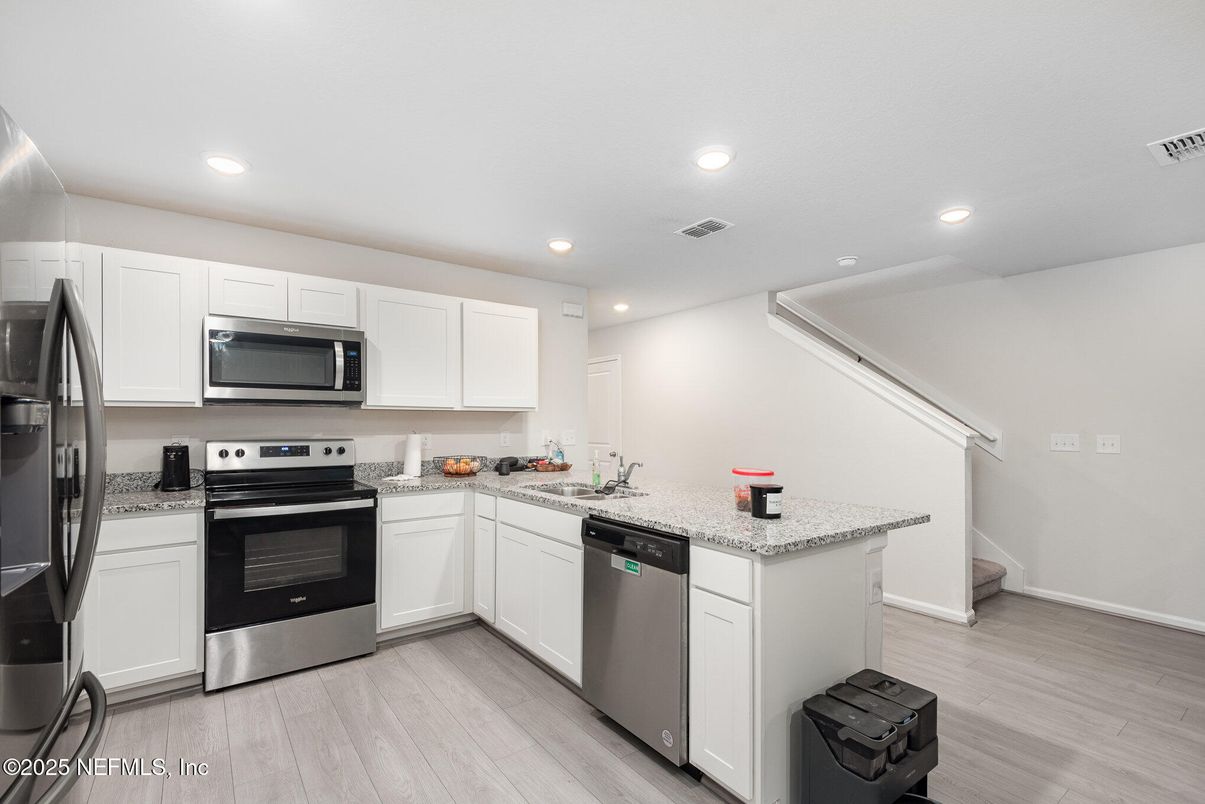Interior, Kitchen, Recessed Lighting, Stainless Steel Appliances, Wood Texture Flooring