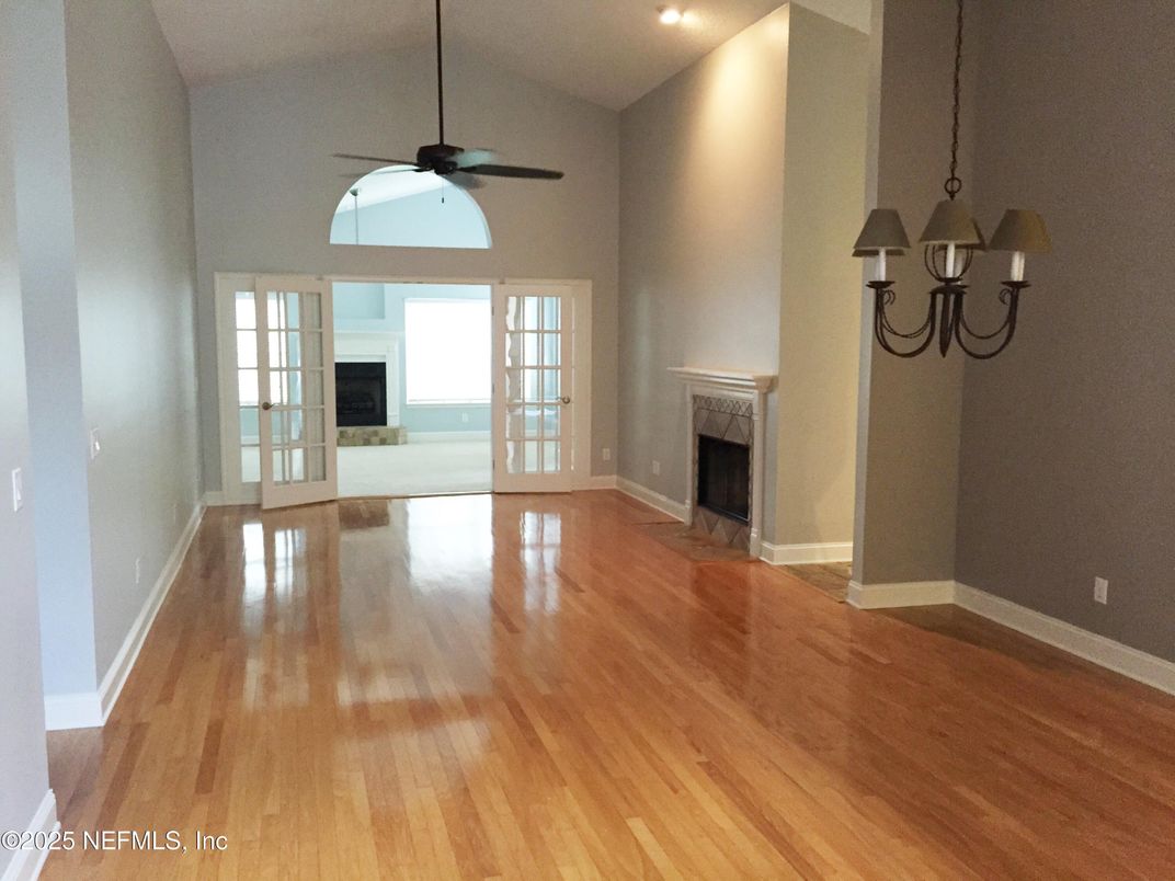 Empty room, Fireplace, Interior, Recessed Lighting, Wood Texture Flooring