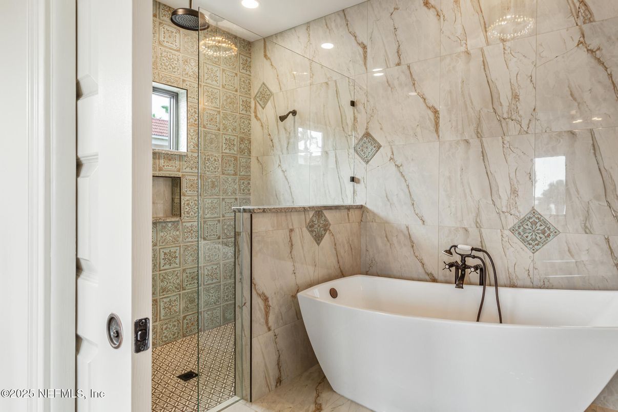 Bathroom, Free Standing Baths, Glass Shower, Interior, Marble Walls, Recessed Lighting