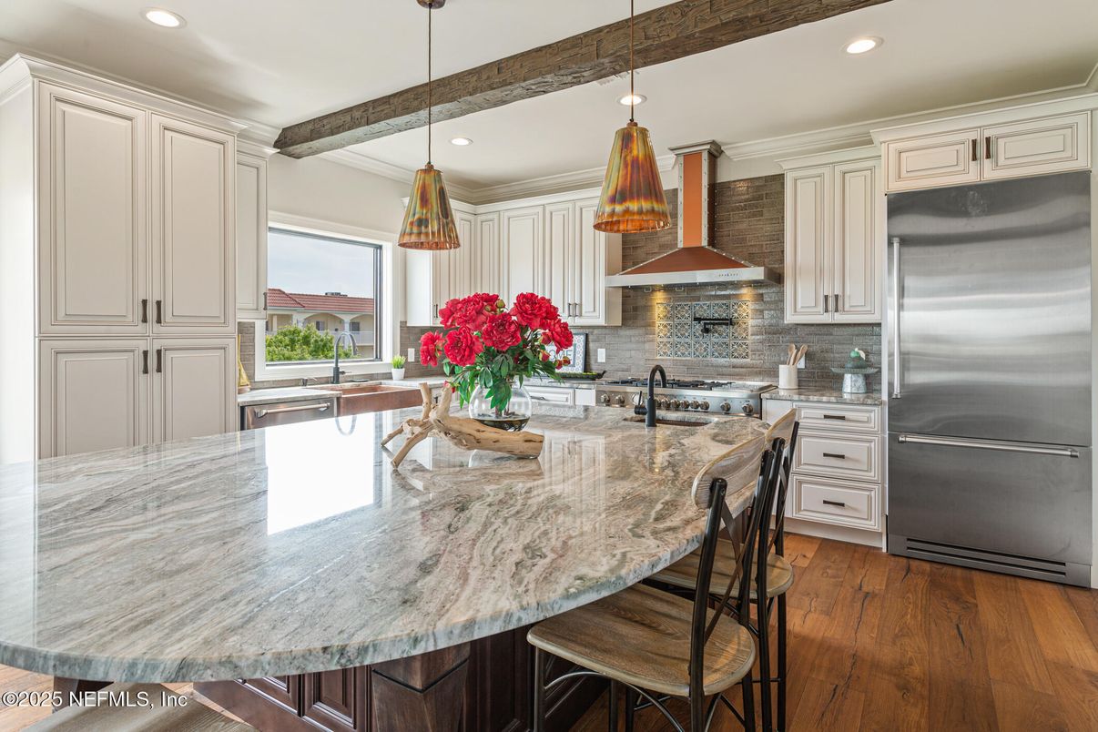 Interior, Kitchen, Pendant Lights, Recessed Lighting, Stainless Steel Appliances, Stone Walls, Wooden Beams, Wood Texture Flooring