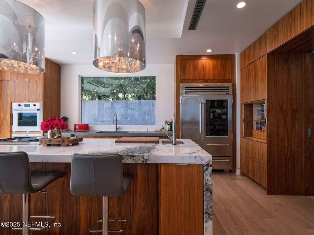 Chandelier, Interior, Kitchen, Recessed Lighting, Stainless Steel Appliances, Wood Texture Flooring