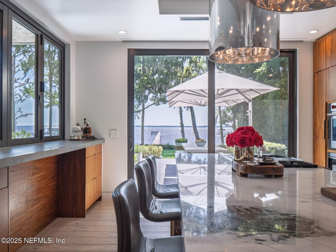 Dining room, Interior, Pendant Lights, Recessed Lighting, Water, Wood Texture Flooring