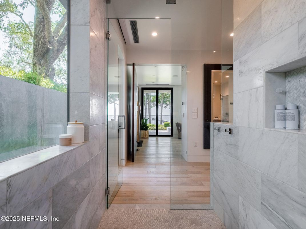 Interior, Marble Walls, Recessed Lighting, Wood Texture Flooring