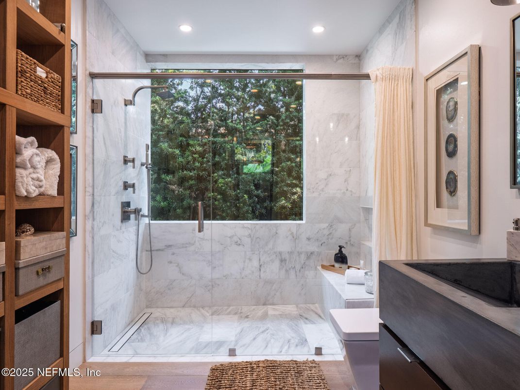 Bathroom, Glass Shower, Interior, Marble, Marble Walls, Recessed Lighting