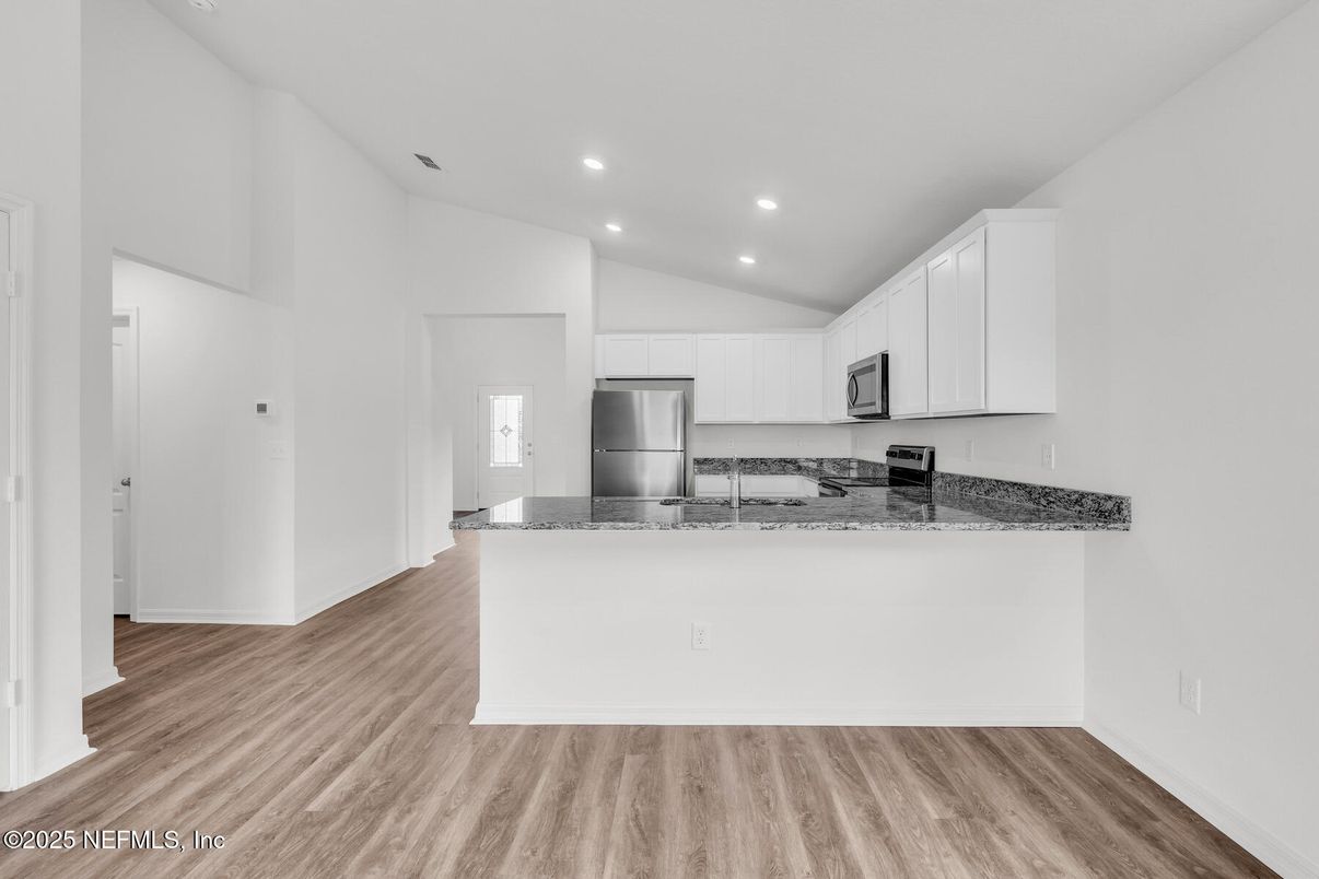Interior, Kitchen, Recessed Lighting, Stainless Steel Appliances, Wood Texture Flooring