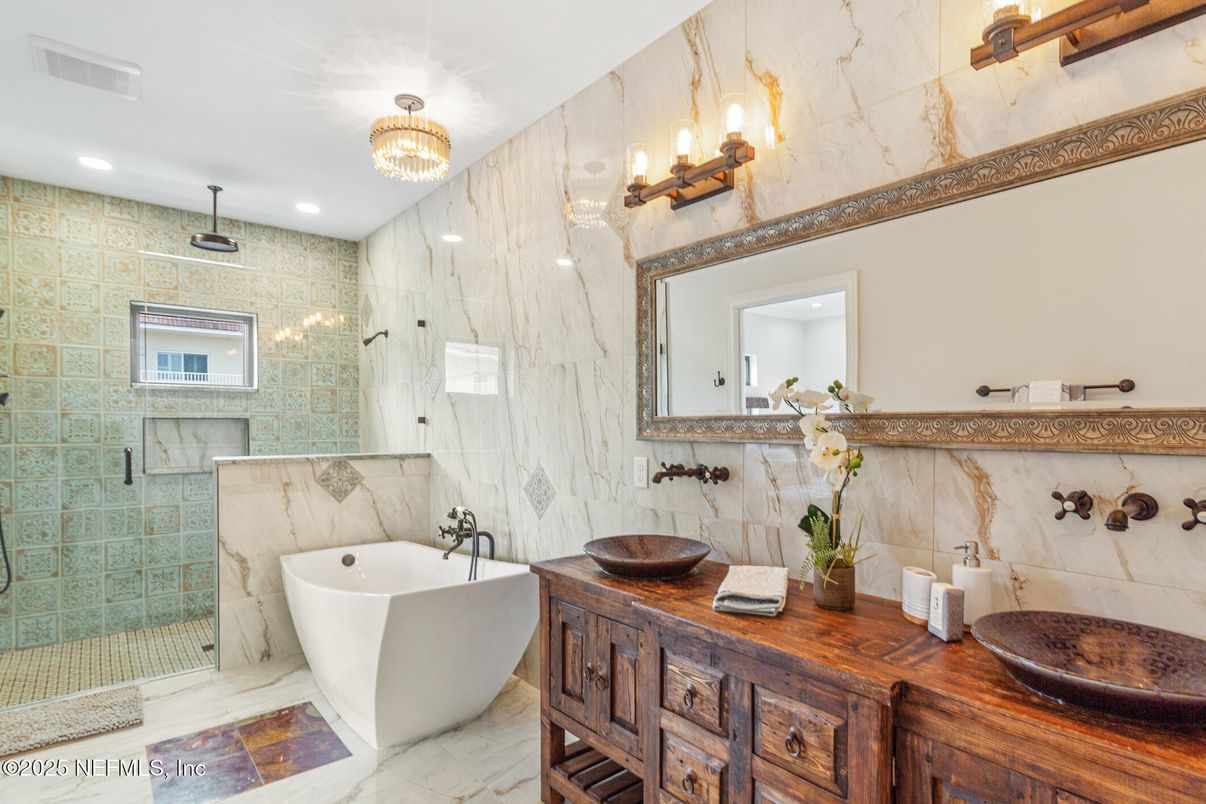 Bathroom, Dual Sink Vanities, Free Standing Baths, Glass Shower, Interior, Marble, Marble Walls, Recessed Lighting