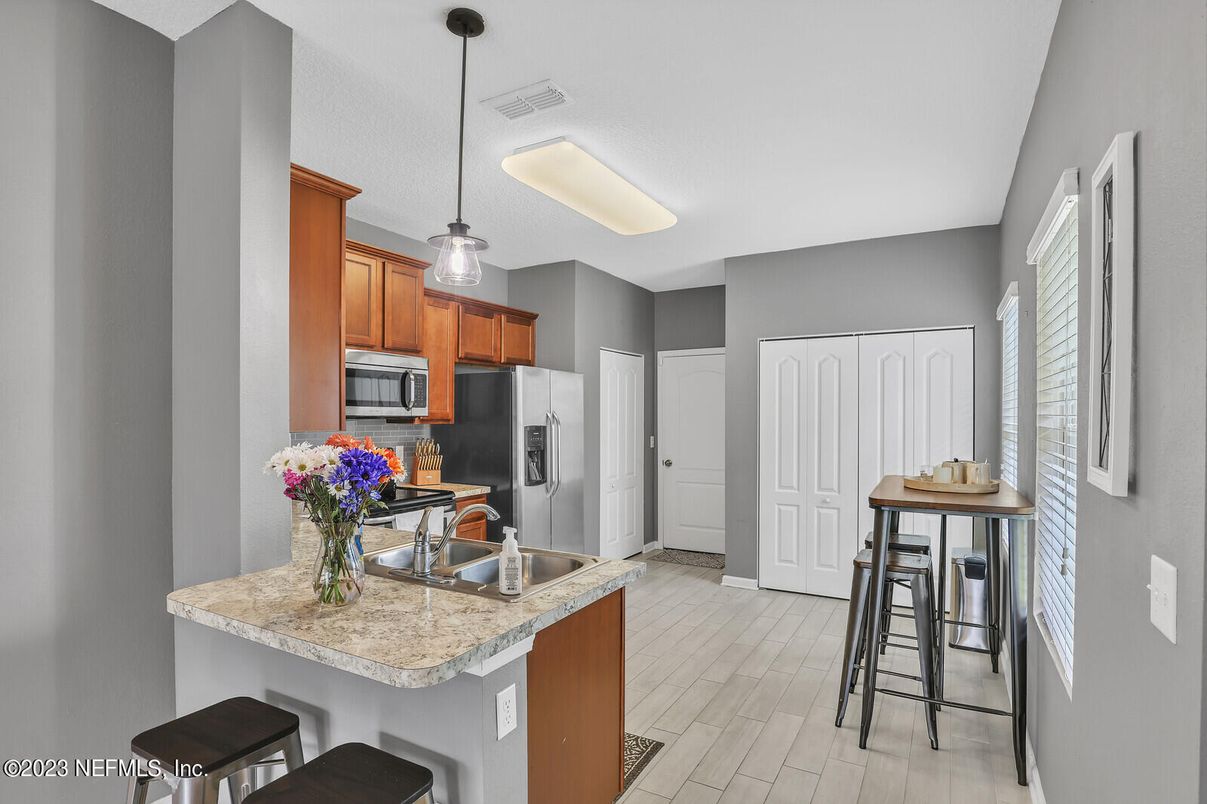 Interior, Kitchen, Pendant Lights, Stainless Steel Appliances, Wood Texture Flooring