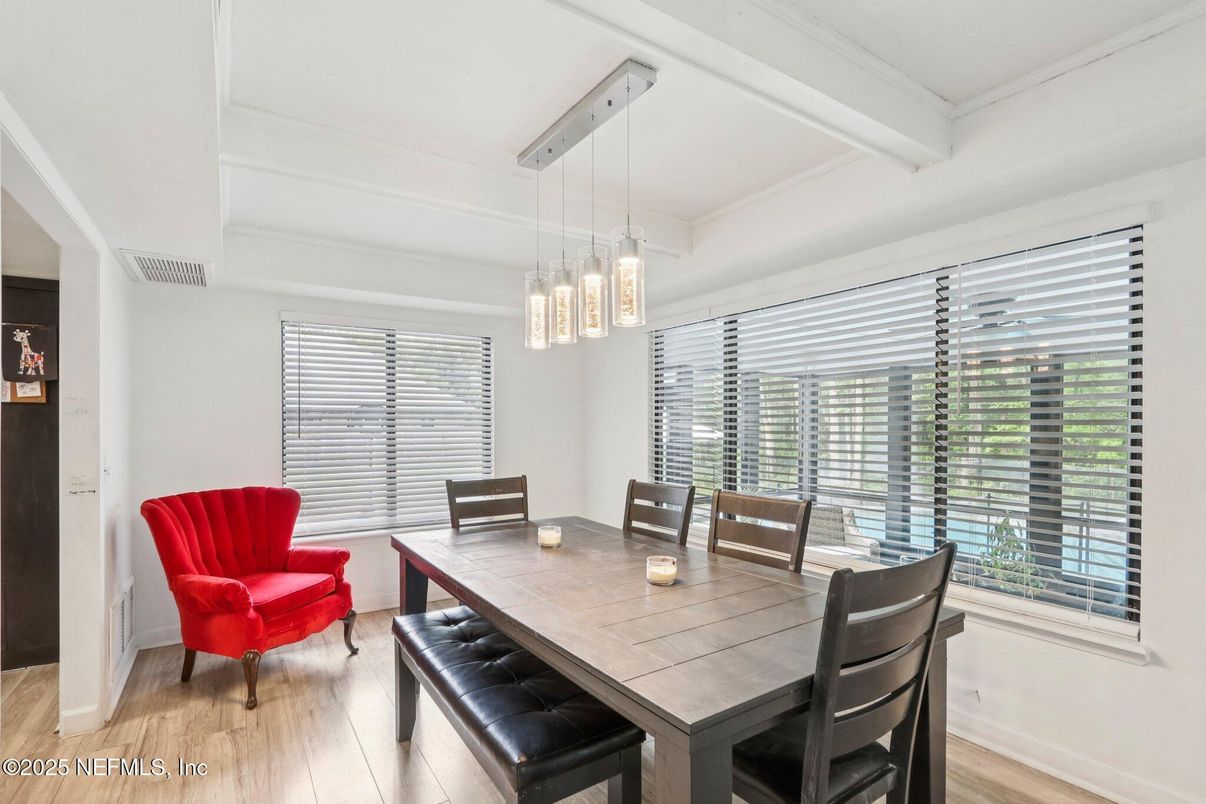 Dining room, Interior, Pendant Lights, Wood Texture Flooring