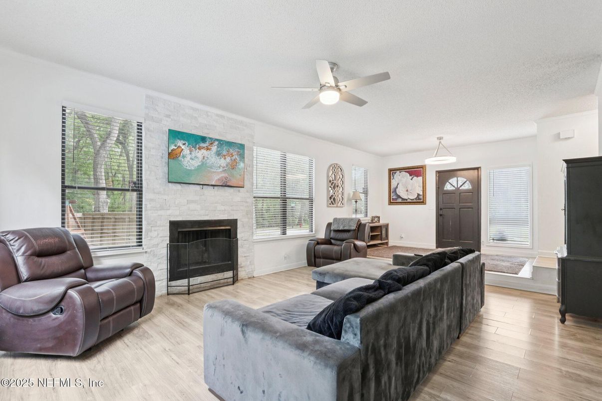 Fireplace, Interior, Living room, Pendant Lights, Wood Texture Flooring