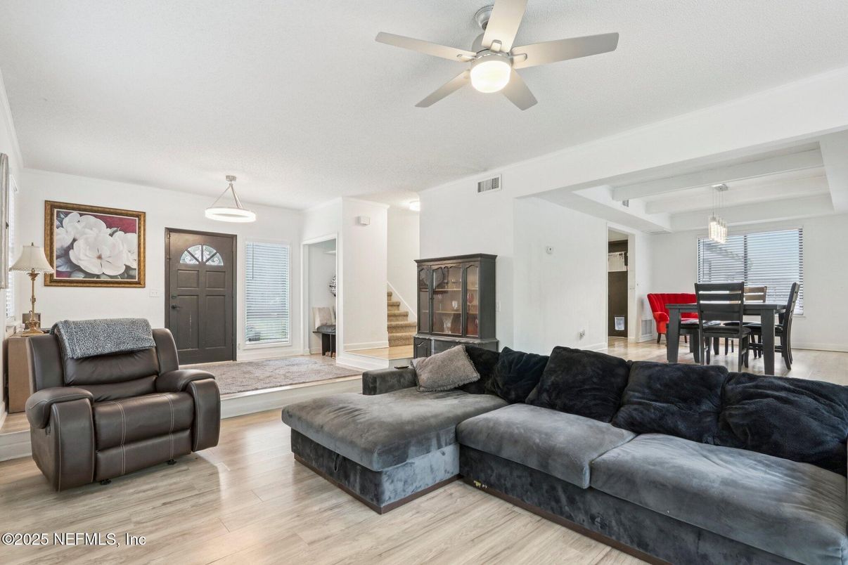 Dining room, Interior, Living room, Pendant Lights, Wood Texture Flooring