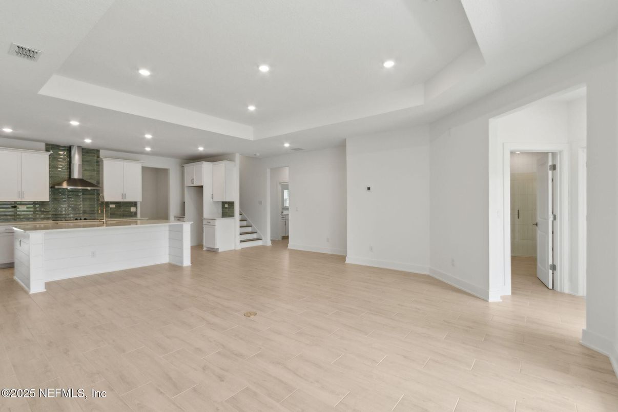 Empty room, Interior, Kitchen, Recessed Lighting, Wood Texture Flooring