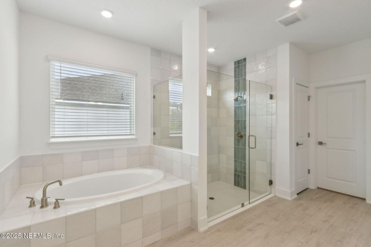 Bathroom, Glass Shower, Interior, Recessed Lighting, Wood Texture Flooring