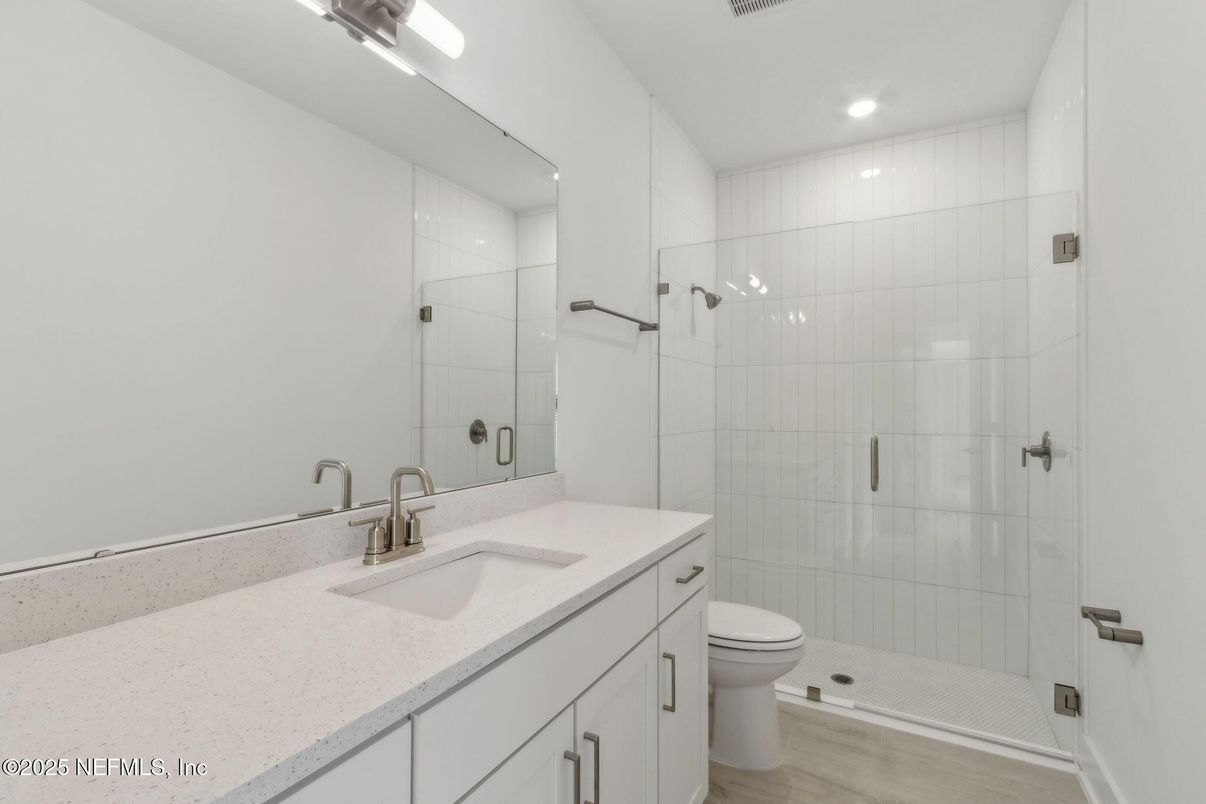 Bathroom, Glass Shower, Interior, Recessed Lighting, Wood Texture Flooring